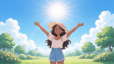 Cartoon character protected under an intense sun