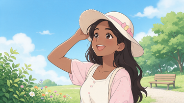 Cartoon character enjoying a sunny day with a sun hat