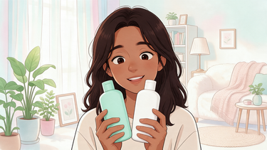 Cartoon character comparing two shampoo bottles with a curious smile