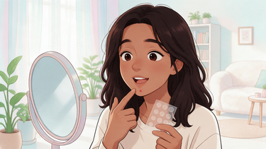 Cartoon character pointing at a small spot and holding pimple patches