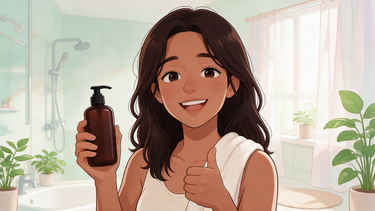 Cartoon character holding a caffeine shampoo bottle with a thumbs up