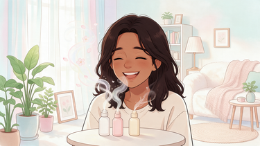 Cartoon character happily smelling three pastel scent bottles