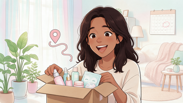 Cartoon character excitedly opening a K-beauty delivery box