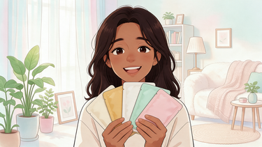 Cartoon character holding a fan of colourful sheet mask pouches