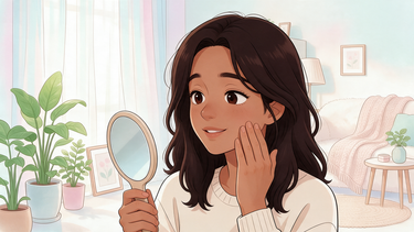Cartoon character checking her skin in a hand mirror