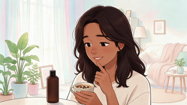 Cartoon character thinking about coffee and caffeine shampoo