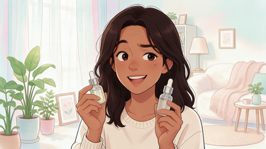 Cartoon character comparing two serums with a curious smile