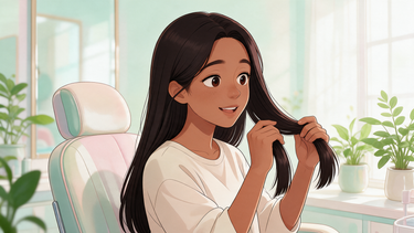 Cartoon character in a salon chair checking the ends of her straightened hair