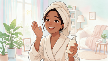 Cartoon character after a shower fanning herself and holding body lotion