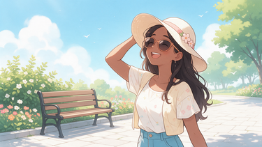 Cartoon character enjoying the sun with hat and sunglasses