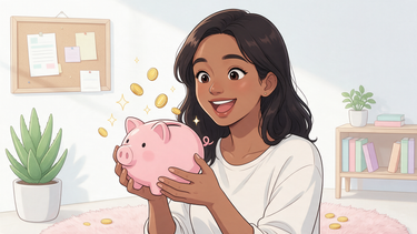 Cartoon character with a piggy bank and coins, savings