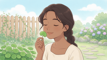 Cartoon character with calm soothed skin holding a centella leaf