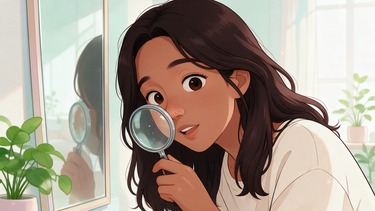Cartoon character looking at nose pores through a magnifying glass