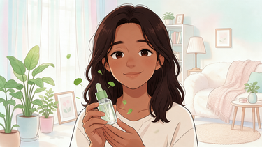 Cartoon character holding a fragrance-free centella serum