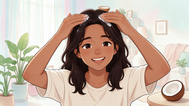 Cartoon character applying coconut oil to her scalp