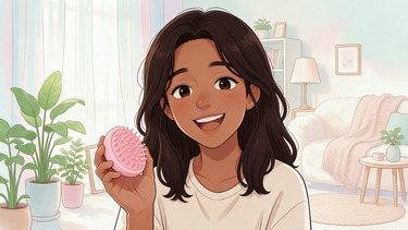 Cartoon character excitedly holding up a silicone scalp massage brush