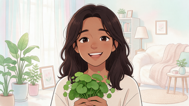 Cartoon character holding fresh gotu kola leaves