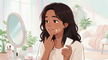 Cartoon character comparing two BB cream shades on her jawline