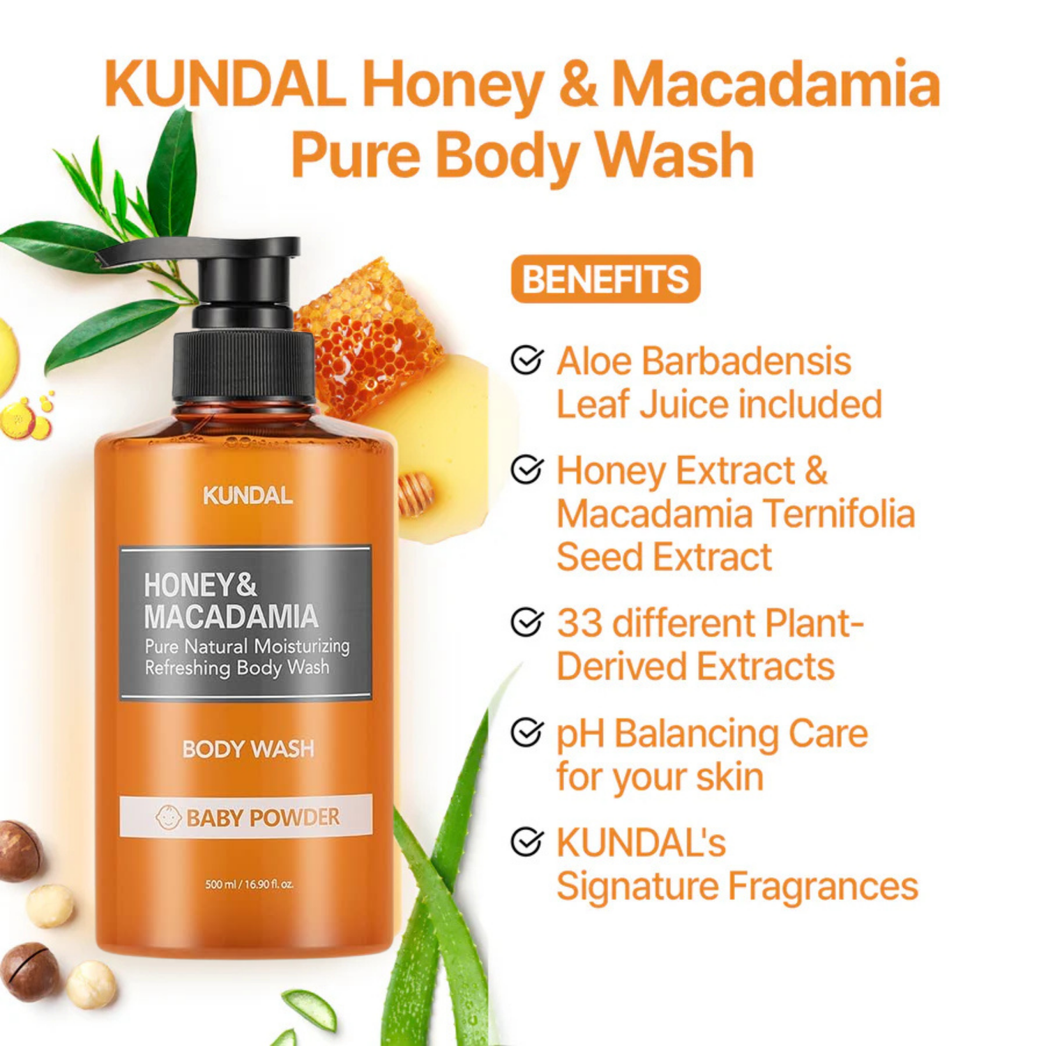 KUNDAL Honey &amp; Macadamia Pure Natural Moisturizing Refreshing Body Wash Baby Powder 500ml