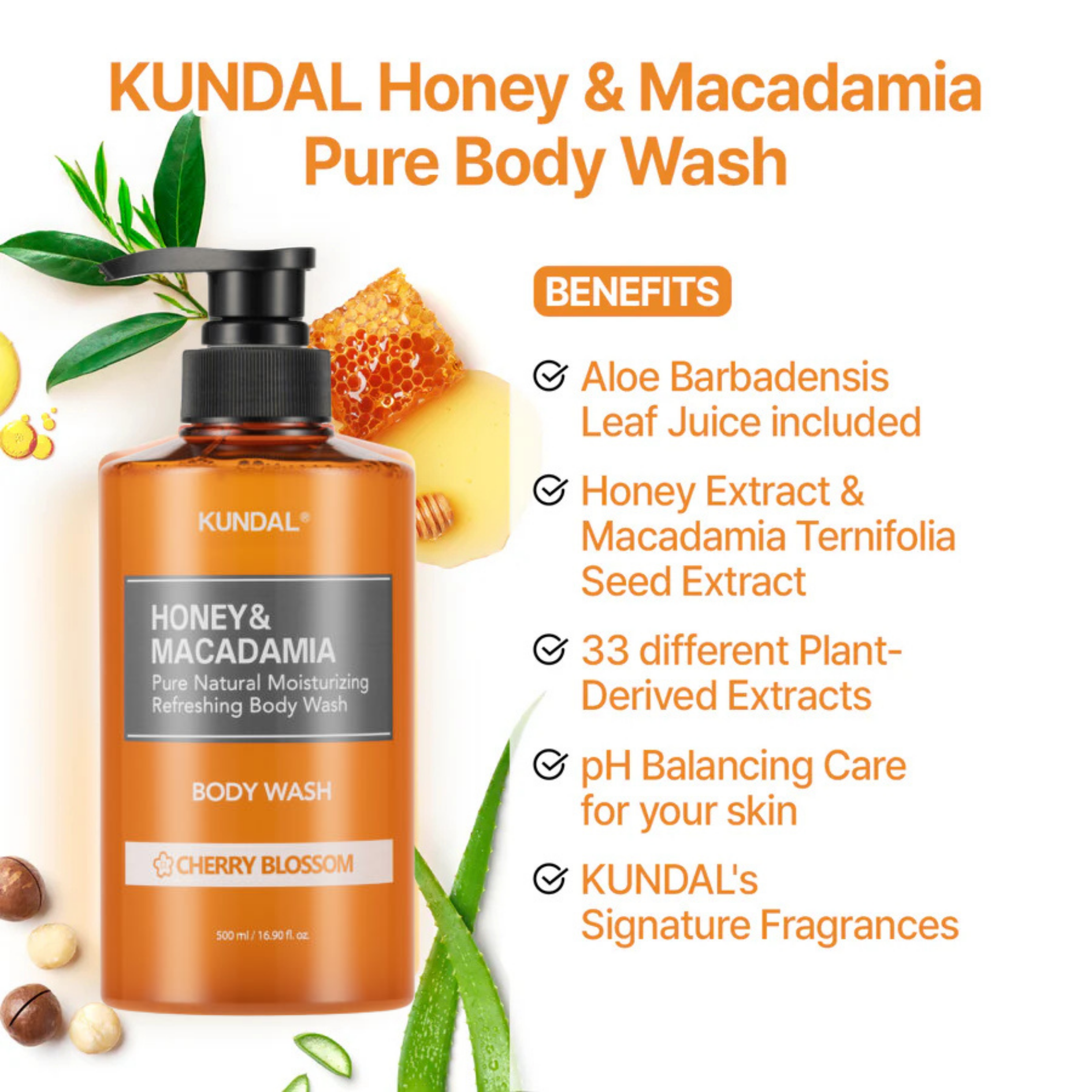 KUNDAL Honey &amp; Macadamia Pure Natural Moisturizing Refreshing Body Wash Cherry Blossom 500ml