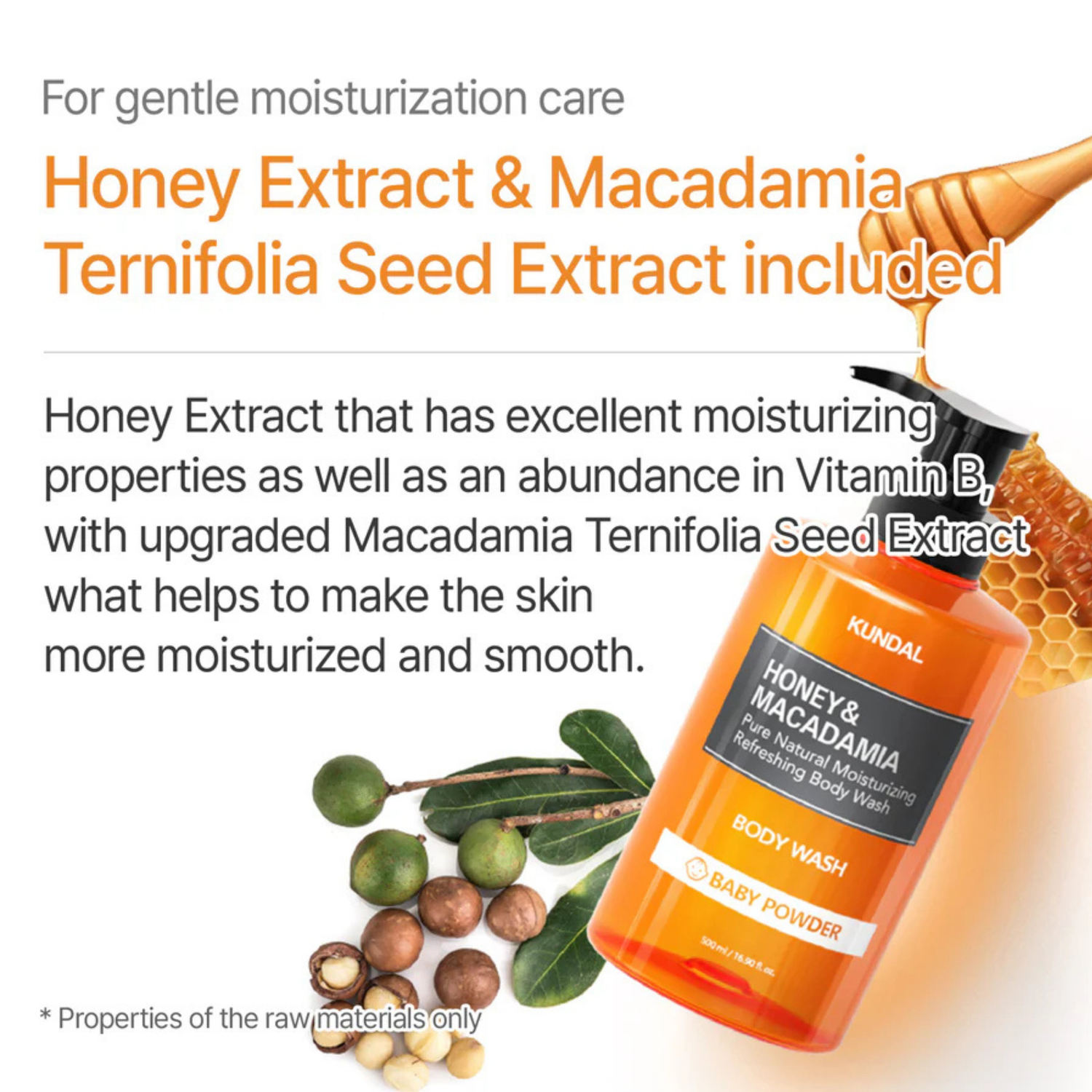 KUNDAL Honey &amp; Macadamia Pure Natural Moisturizing Refreshing Body Wash Baby Powder 500ml